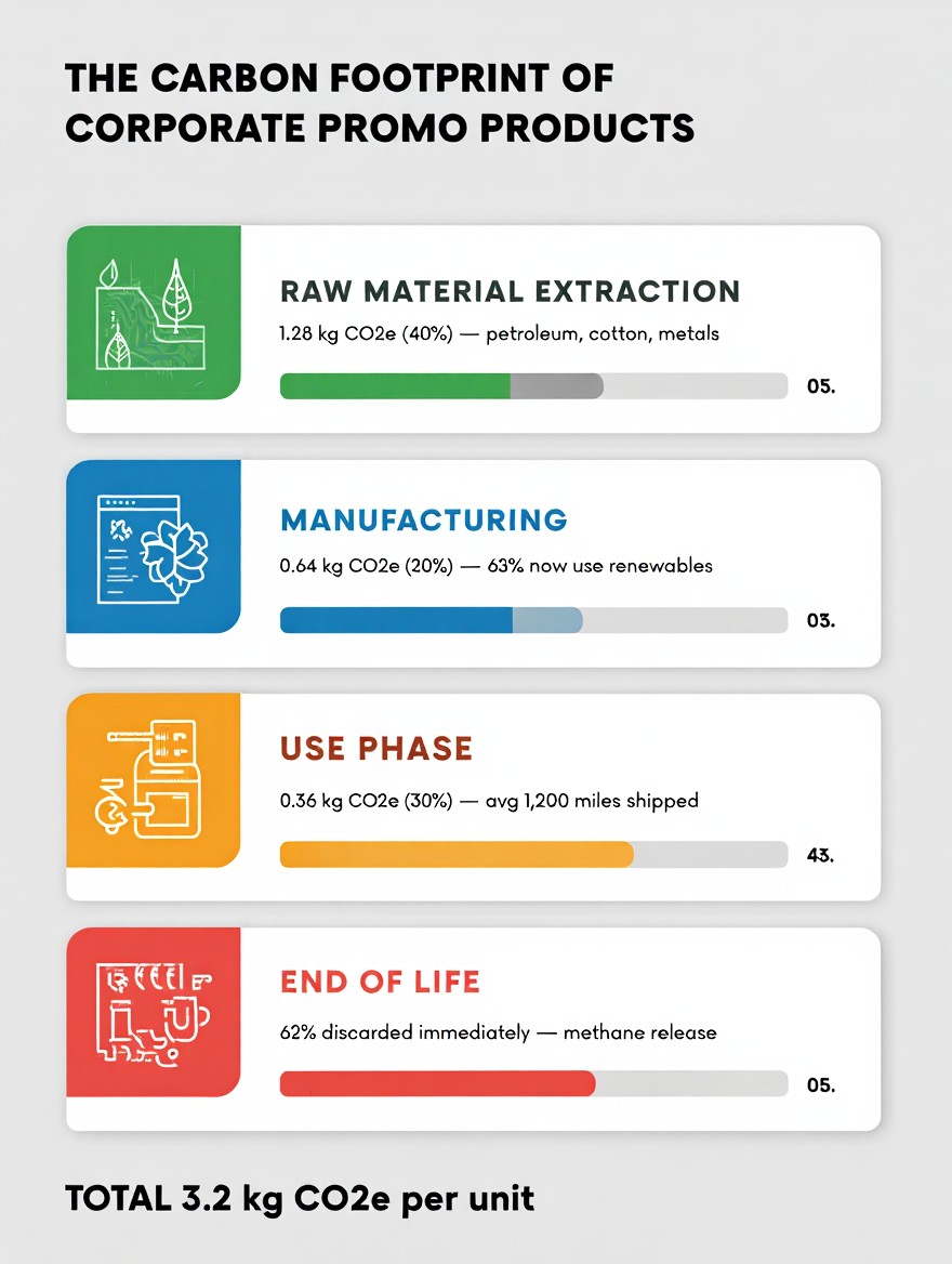 A visual infographic mapping the full lifecycle of corporate promotional products, from raw material extraction to landfill disposal, with CO₂ emission values annotated at each stage.